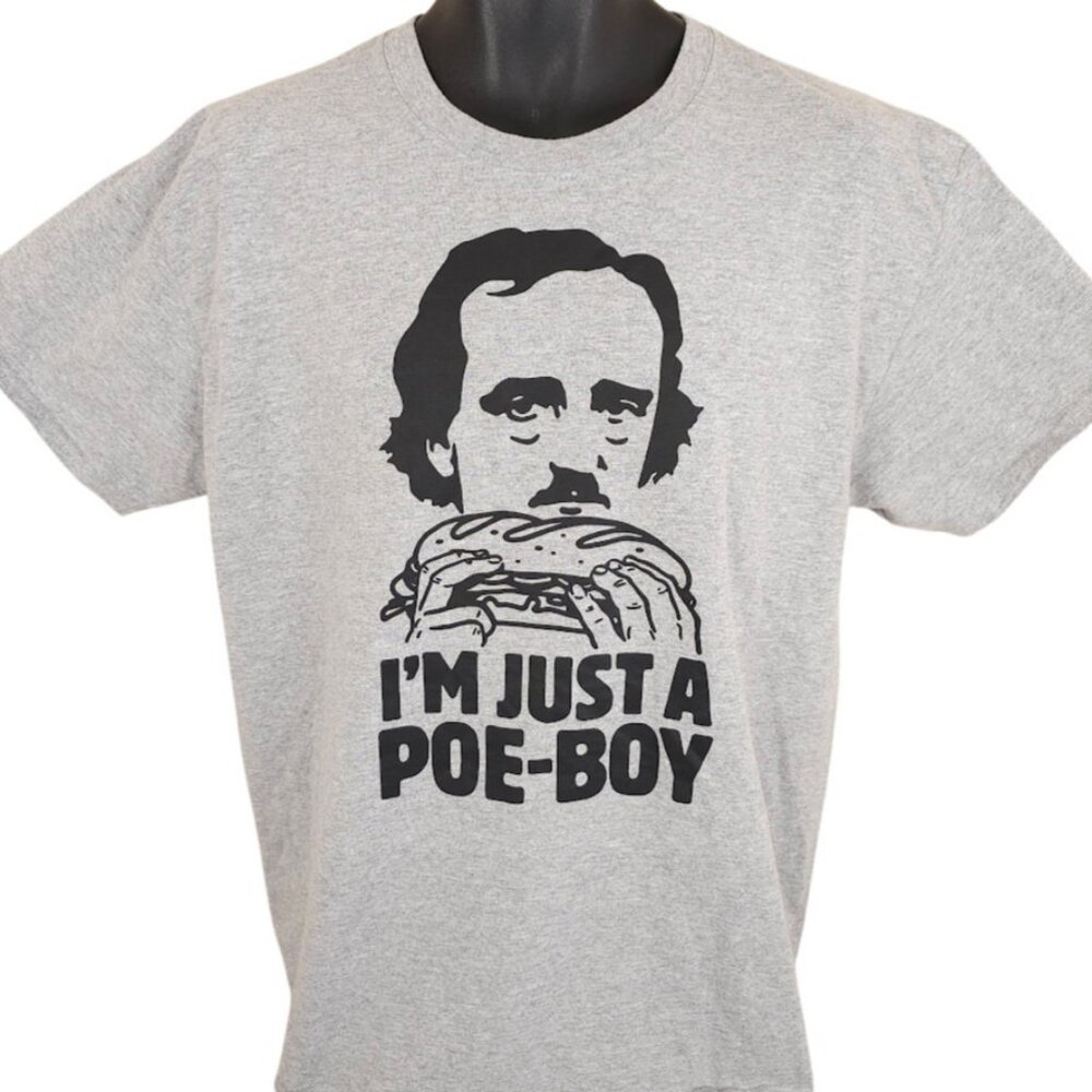 Edgar Allan Poe T Shirt Mens Size Large Gray Writer Poet Pun Funny Joke Humor - Picture 2 of 6